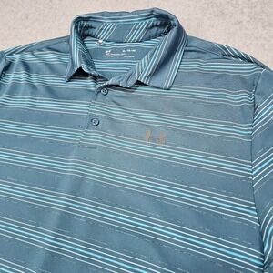 Under Armour HeatGear Mens XL Polo Shirt Teal Blue Striped Golf Lightweight